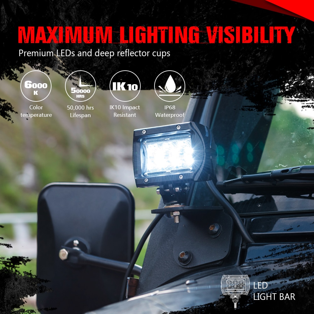 MICTUNING Car Led Work Light Bar Unlimited-GO K1 4″ 18W LED Flood Work Lamp with Amber Ambient Light for Jeep ATV SUV Truck Boat MICTUNING Car Led Work Light Bar Unlimited-GO K1 4