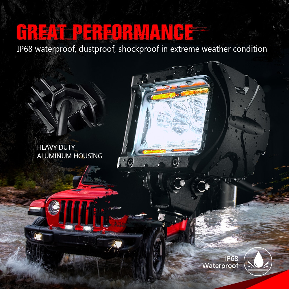 MICTUNING Car Led Work Light Bar Unlimited-GO K1 4″ 18W LED Flood Work Lamp with Amber Ambient Light for Jeep ATV SUV Truck Boat MICTUNING Car Led Work Light Bar Unlimited-GO K1 4