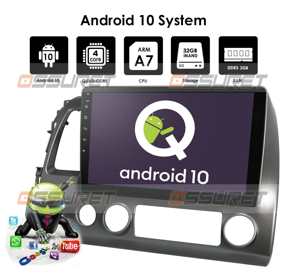 Ossuret 10.1 Inch 2Din Android 10 Car Radio Multimedia Player For Honda Civic 2006-2011 Navigation GPS dvd Player TPMS WIFI 4G