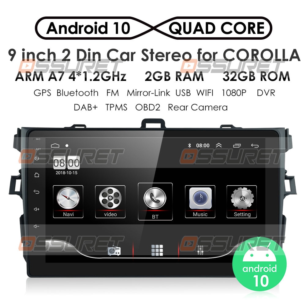 2 Din Android 10 2GB RAM 32GB ROM Car Radio Multimedia Player For Toyota Corolla 2007 - 2011 2014 - 2016 support BT WIFI&4G SWC